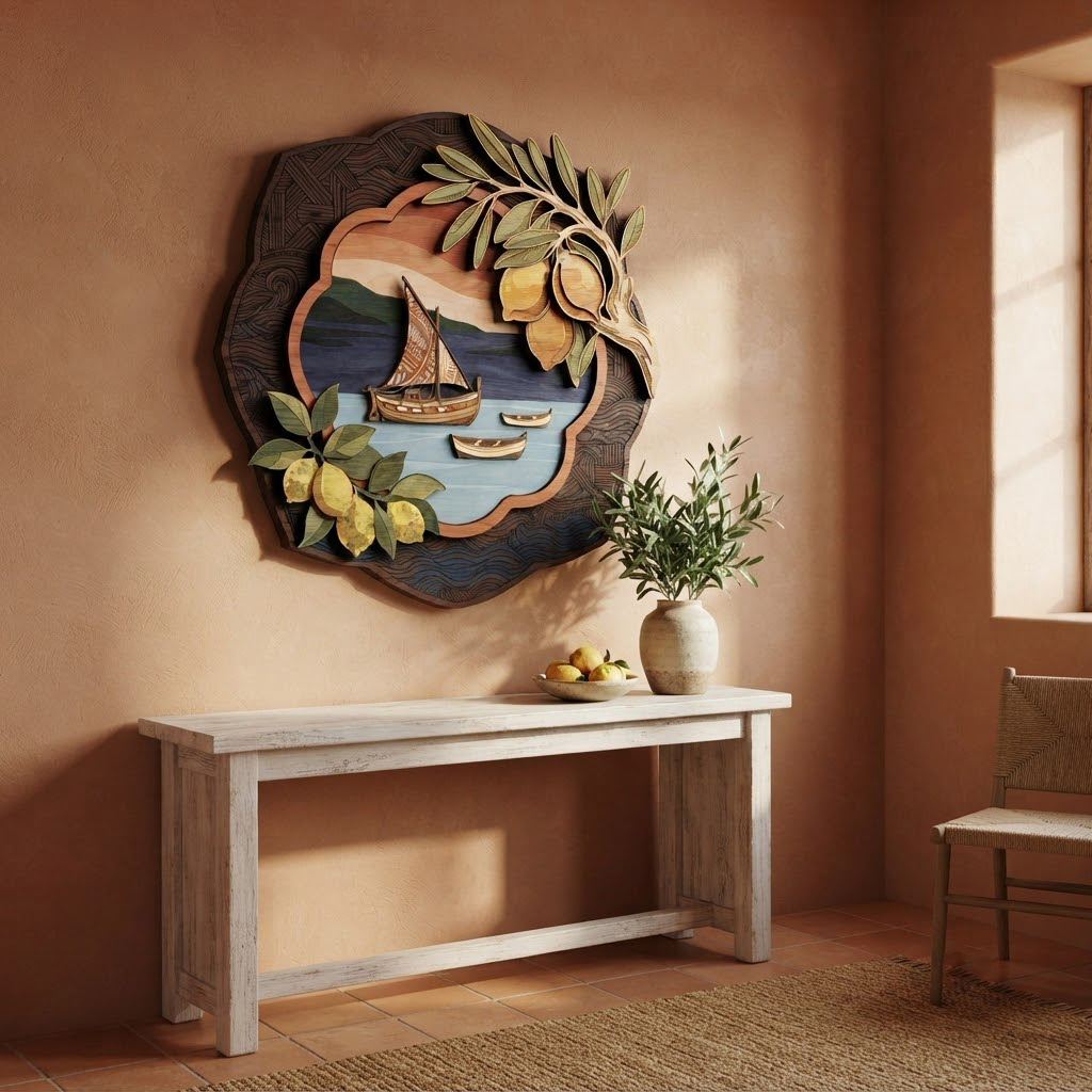 Lemon Tree Wooden Wall Art, Sailboat Coastal Decor, Mediterranean Sea Plaque, Summer Home Accent, Beach House Hanging, Gift