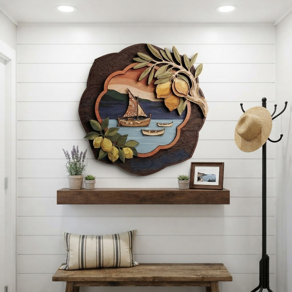 Lemon Tree Wooden Wall Art, Sailboat Coastal Decor, Mediterranean Sea Plaque, Summer Home Accent, Beach House Hanging, Gift