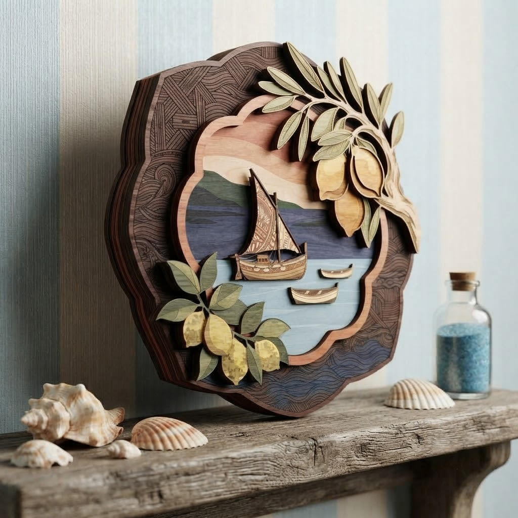 Lemon Tree Wooden Wall Art, Sailboat Coastal Decor, Mediterranean Sea Plaque, Summer Home Accent, Beach House Hanging, Gift