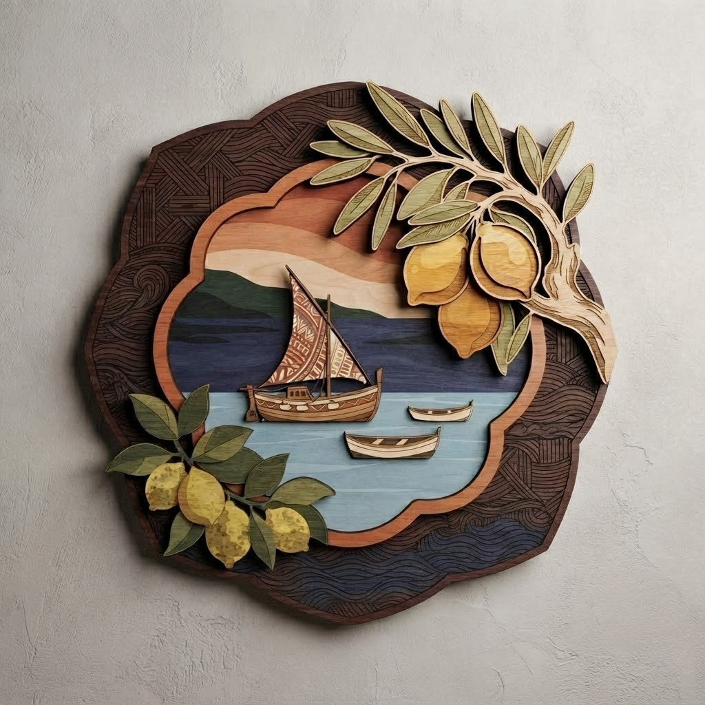 Lemon Tree Wooden Wall Art, Sailboat Coastal Decor, Mediterranean Sea Plaque, Summer Home Accent, Beach House Hanging, Gift
